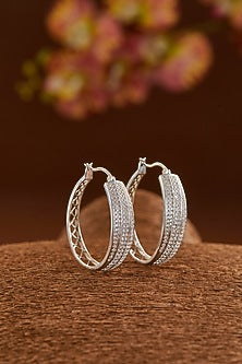 White Gold Finish Zircon Hoop Earrings In Sterling Silver