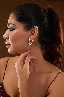 White Gold Finish Zircon & Pearl Hoop Earrings In Sterling Silver