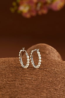 White Gold Finish Zircon & Pearl Hoop Earrings In Sterling Silver