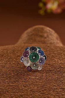 White Gold Finish Zircon & Synthetic Sapphire Stone Ring In Sterling Silver