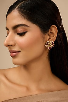 Yellow Gold Finish Moissanite Polki & Glass-Filled Ruby Stone Stud Earrings In Sterling Silver