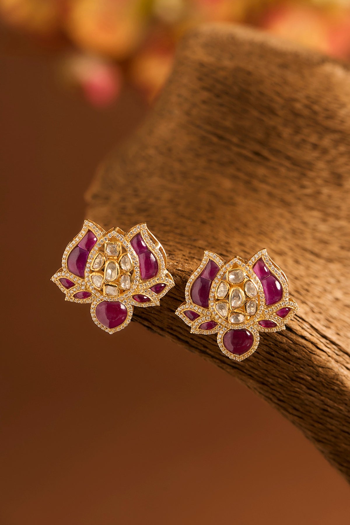 Yellow Gold Finish Moissanite Polki & Glass-Filled Ruby Stone Stud Earrings In Sterling Silver