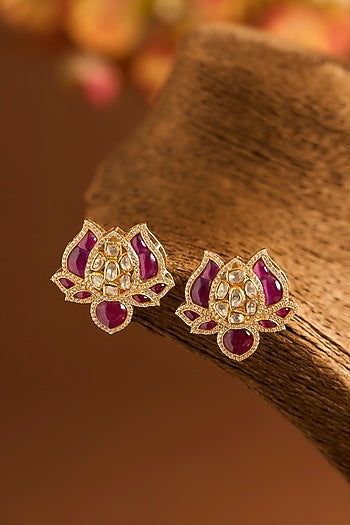 Yellow Gold Finish Moissanite Polki & Glass-Filled Ruby Stone Stud Earrings In Sterling Silver