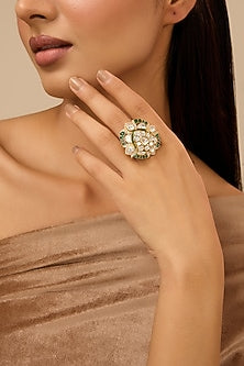 Yellow Gold Finish Moissanite Polki & Glass-Filled Emerald Stone Adjustable Ring In Sterling Silver