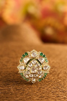 Yellow Gold Finish Moissanite Polki & Glass-Filled Emerald Stone Adjustable Ring In Sterling Silver