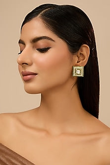 Yellow Gold Finish Moissanite Polki & Glass-Filled Emerald Stone Stud Earrings In Sterling Silver