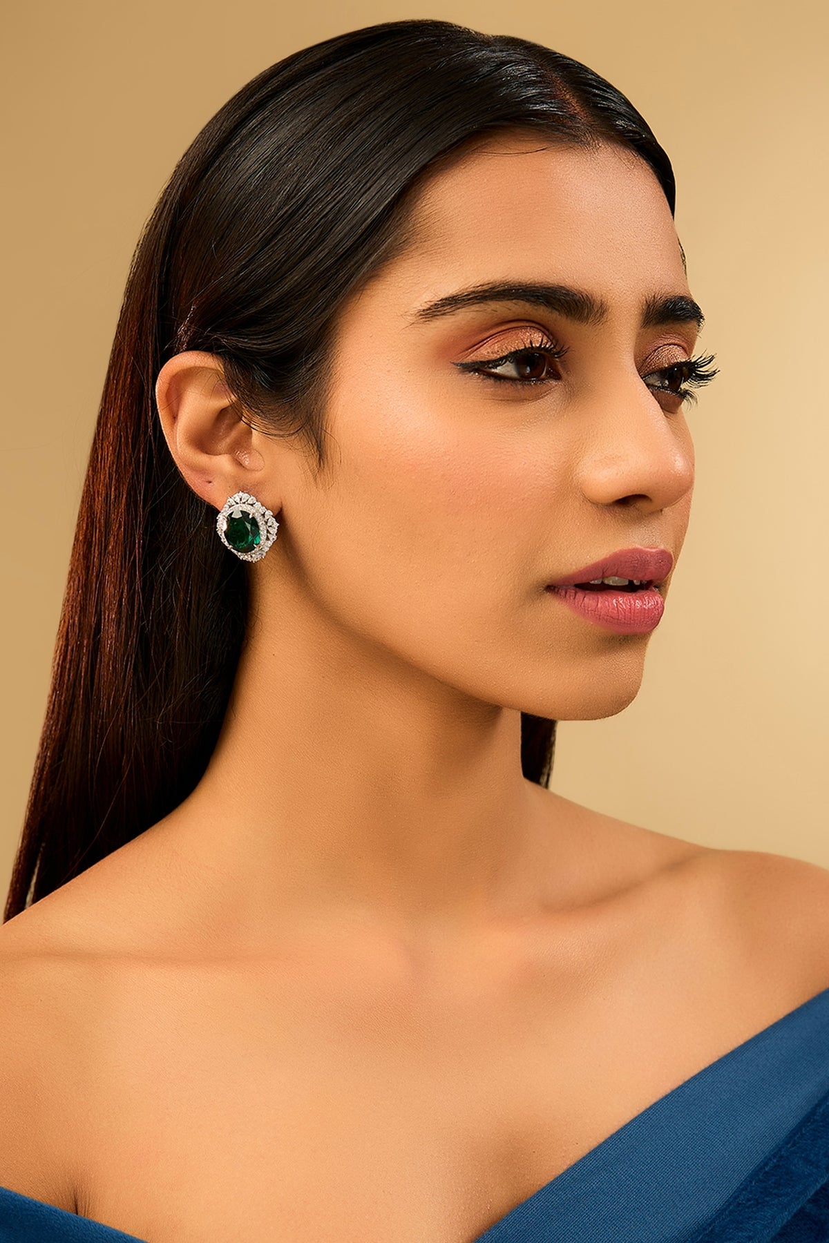 White Gold Finish Eurostar Zircons & Glass-Filled Emerald Stone Stud Earrings In Sterling Silver
