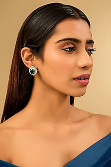 White Gold Finish Eurostar Zircons & Glass-Filled Emerald Stone Stud Earrings In Sterling Silver