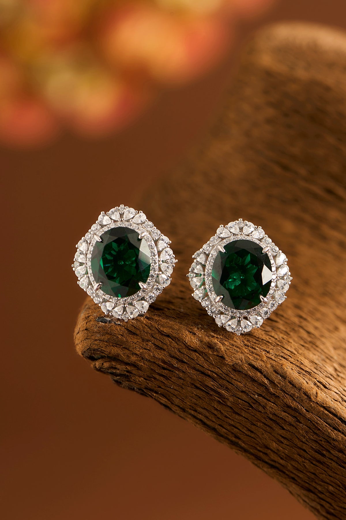 White Gold Finish Eurostar Zircons & Glass-Filled Emerald Stone Stud Earrings In Sterling Silver