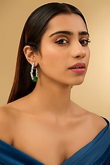 White Gold Finish Eurostar Zircons & Glass-Filled Emerald Stone Hoop Earrings In Sterling Silver
