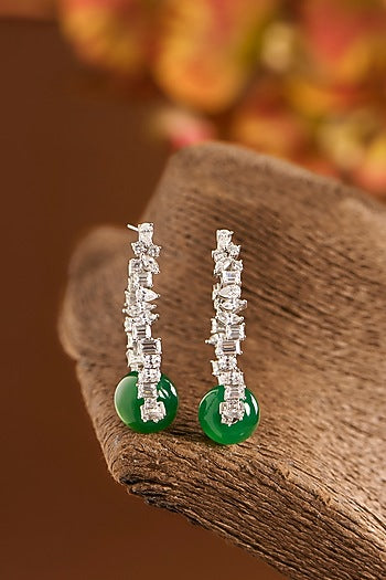 White Gold Finish Eurostar Zircons & Glass-Filled Emerald Stone Hoop Earrings In Sterling Silver
