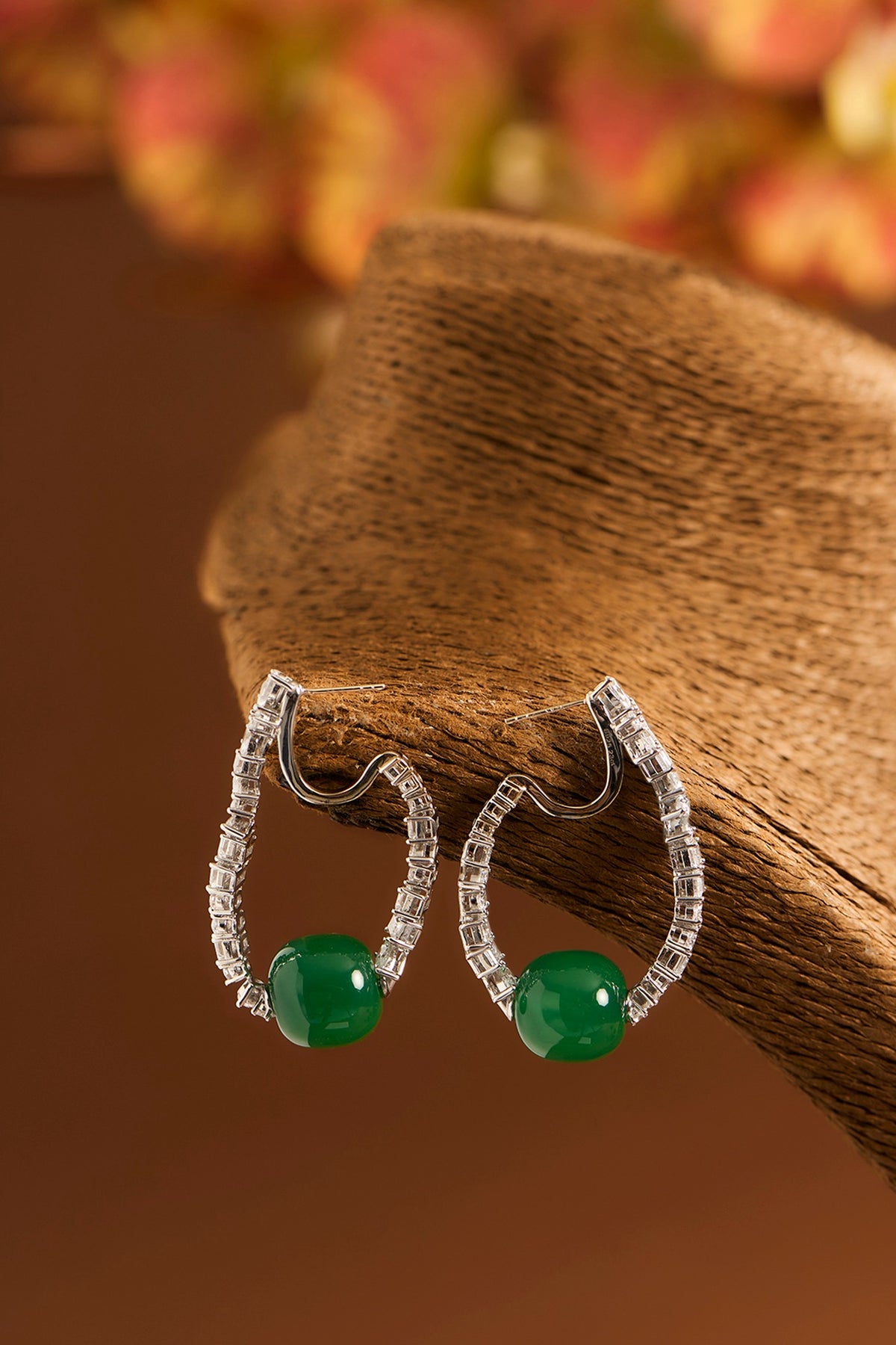 White Gold Finish Eurostar Zircons & Glass-Filled Emerald Stone Hoop Earrings In Sterling Silver