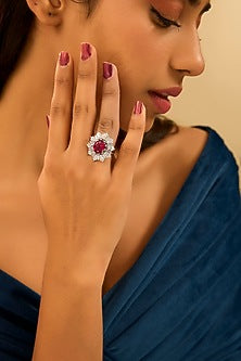 White Gold Finish Eurostar Zircon & Glass-Filled Ruby Stone Ring In Sterling Silver