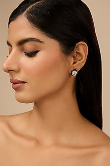 White Gold Finish Eurostar Zircon Black Enameled Stud Earrings In Sterling Silver