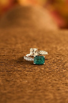 White Gold Finish Eurostar Zircon & Glass-Filled Emerald Stone Ring In Sterling Silver
