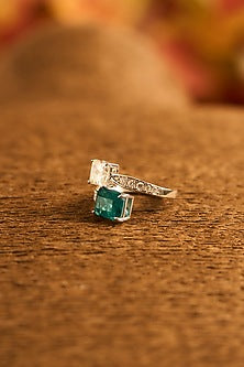 White Gold Finish Eurostar Zircon & Glass-Filled Emerald Stone Ring In Sterling Silver