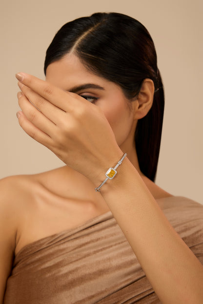 White Finish Eurostar Zircon & Yellow Sapphire Stone Openable Bracelet In Sterling Silver