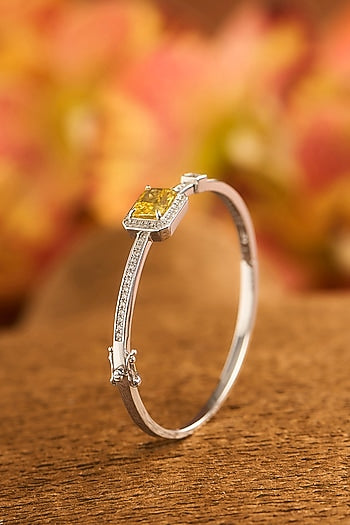 White Finish Eurostar Zircon & Yellow Sapphire Stone Openable Bracelet In Sterling Silver