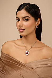 White Gold Finish Eurostar Zircon & Glass-Filled Ruby Stone Necklace Set In Sterling Silver