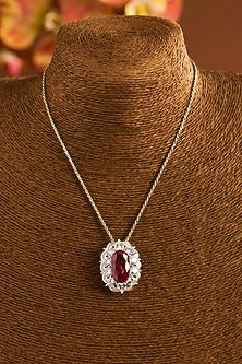 White Gold Finish Eurostar Zircon & Glass-Filled Ruby Stone Necklace Set In Sterling Silver