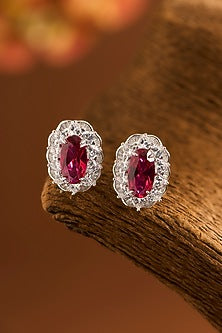 White Gold Finish Eurostar Zircon & Glass-Filled Ruby Stone Necklace Set In Sterling Silver