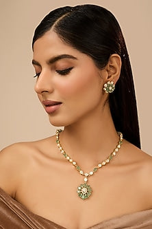Yellow Gold Finish Eurostar Zircon & Glass-Filled Emerald Stone Necklace Set In Sterling Silver