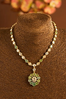Yellow Gold Finish Eurostar Zircon & Glass-Filled Emerald Stone Necklace Set In Sterling Silver