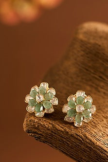 Yellow Gold Finish Eurostar Zircon & Glass-Filled Emerald Stone Necklace Set In Sterling Silver