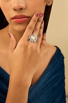 White Finish Eurostar Zircon & Glass-Filled Yellow Sapphire Stone Ring In Sterling Silver