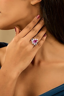 White Finish Eurostar Zircon & Glass-Filled Ruby Stone Ring In Sterling Silver