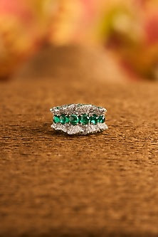 White Gold Finish Eurostar Zircon & Glass-Filled Emerald Ring In Sterling Silver