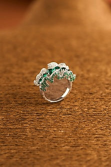 White Gold Finish Eurostar Zircon & Glass-Filled Emerald Ring In Sterling Silver