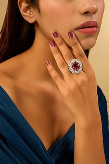 White Gold Finish Eurostar Zircon & Glass-Filled Ruby Ring In Sterling Silver