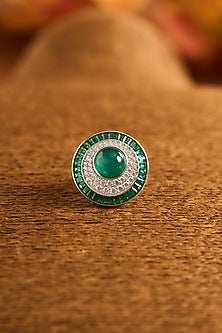 White Gold Finish Eurostar Zircon & Glass-Filled Emerald Ring In Sterling Silver