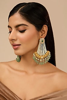 Yellow Gold Finish Moissanite Polki & Glass-Filled Emerald Chandbali Earrings In Sterling Silver