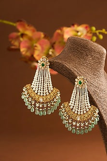 Yellow Gold Finish Moissanite Polki & Glass-Filled Emerald Chandbali Earrings In Sterling Silver