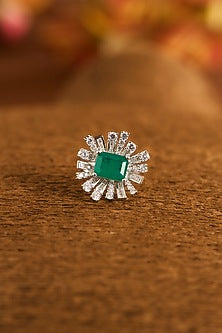 White Gold Finish Eurostar Zircon & Glass-Filled Emerald Ring In Sterling Silver