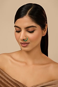 Yellow Gold Finish Moissanite Polki & Glass-Filled Emerald Nose Ring In Sterling Silver
