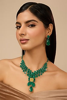 White Gold Finish Eurostar Zircon & Glass-Filled Emerald Necklace Set In Sterling Silver