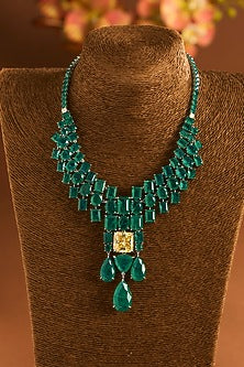 White Gold Finish Eurostar Zircon & Glass-Filled Emerald Necklace Set In Sterling Silver