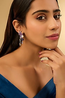 White Gold Finish Eurostar Zircon & Glass-Filled Sapphire Dangler Earrings In Sterling Silver