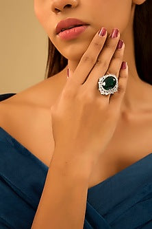 White Gold Finish Eurostar Zircon & Glass-Filled Emerald Ring In Sterling Silver