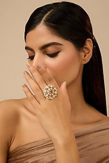 Yellow Gold Finish Eurostar Zircon & Glass-Filled Ruby Ring In Sterling Silver