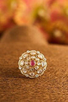 Yellow Gold Finish Eurostar Zircon & Glass-Filled Ruby Ring In Sterling Silver