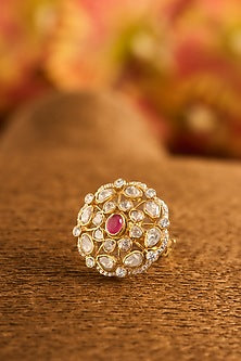 Yellow Gold Finish Eurostar Zircon & Glass-Filled Ruby Ring In Sterling Silver
