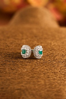 White Gold Finish Eurostar Zircon & Glass-Filled Emerald Ring In Sterling Silver