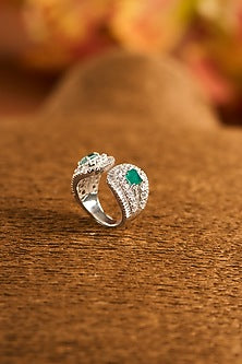 White Gold Finish Eurostar Zircon & Glass-Filled Emerald Ring In Sterling Silver