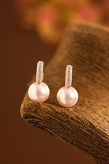 Rose Gold Finish Eurostar Zircon & Freshwater Pearl Hoop Earrings In Sterling Silver