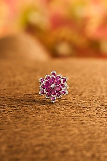White Gold Finish Eurostar Zircon & Glass-Filled Ruby Ring In Sterling Silver