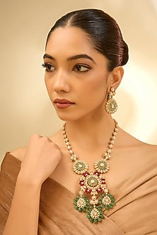 Yellow Gold Finish Ruby & Emerald Long Necklace Set In Sterling Silver